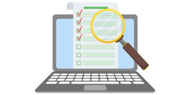 Vector image of a laptop with a checklist and magnifying glass.