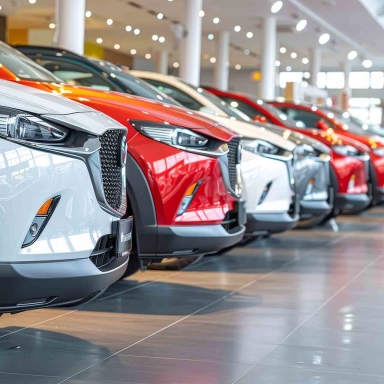 Close up of a car at a bustling car dealership showroom offering vehicles for sale or rent