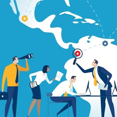 vector of business people investigating world map