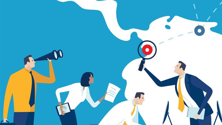 vector of business people investigating world map