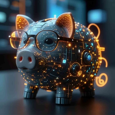 Futuristic piggy bank with glasses, illuminated by digital circuits. Set on a desk with a blurred screen backdrop, it embodies modern finance technology.