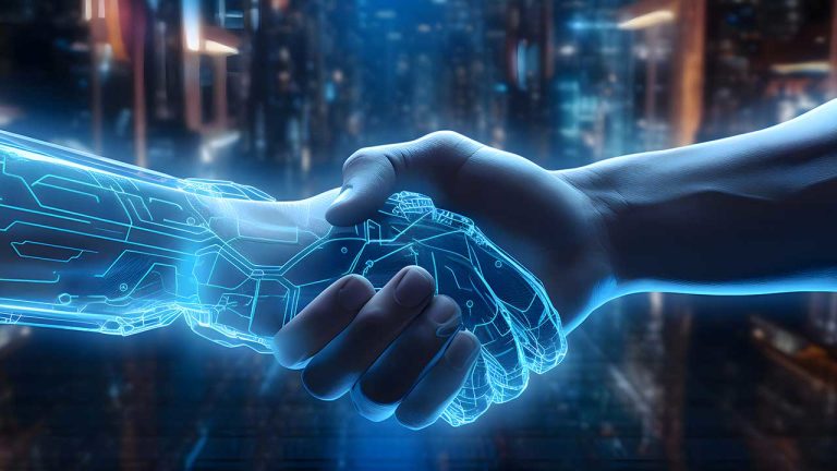 A human hand shaking an AI hand.