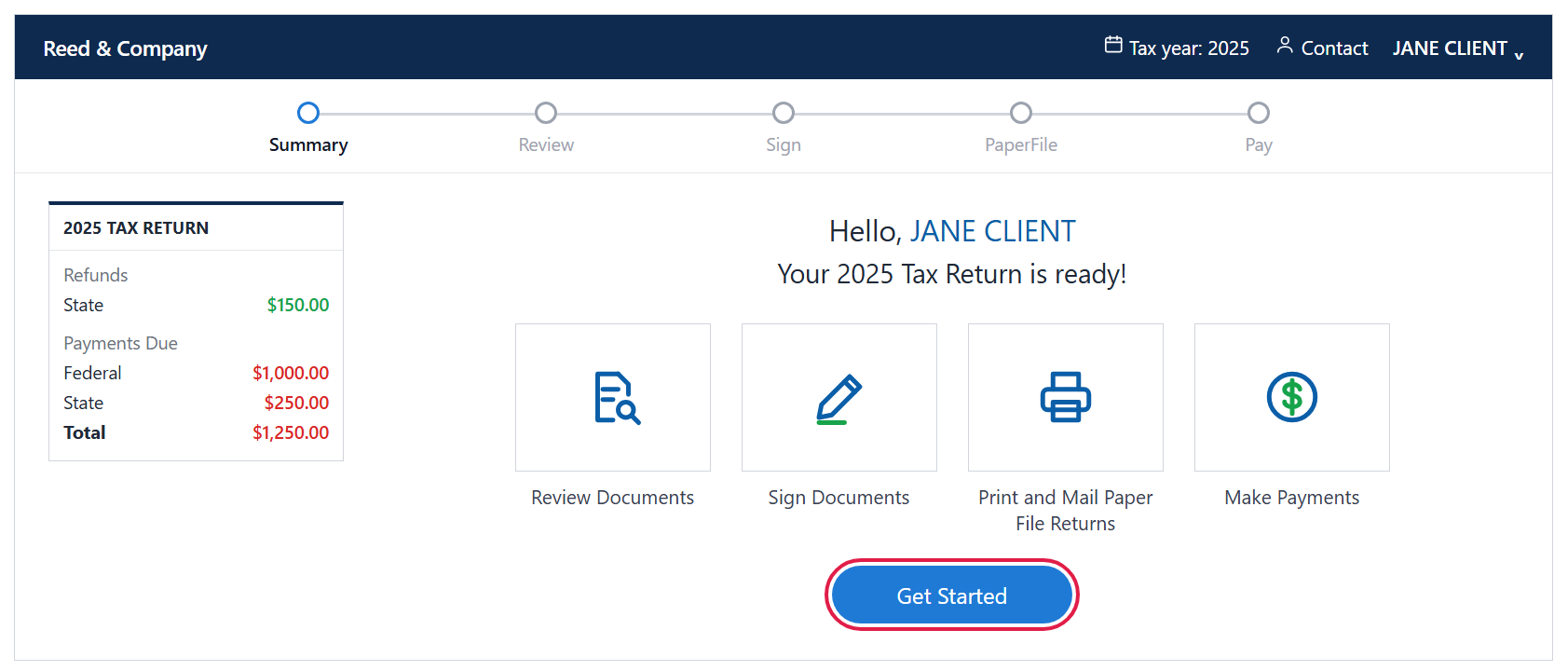SafeSend summary page showing a refund and payments-due panel, four step tiles, and the Get Started button outlined in red
