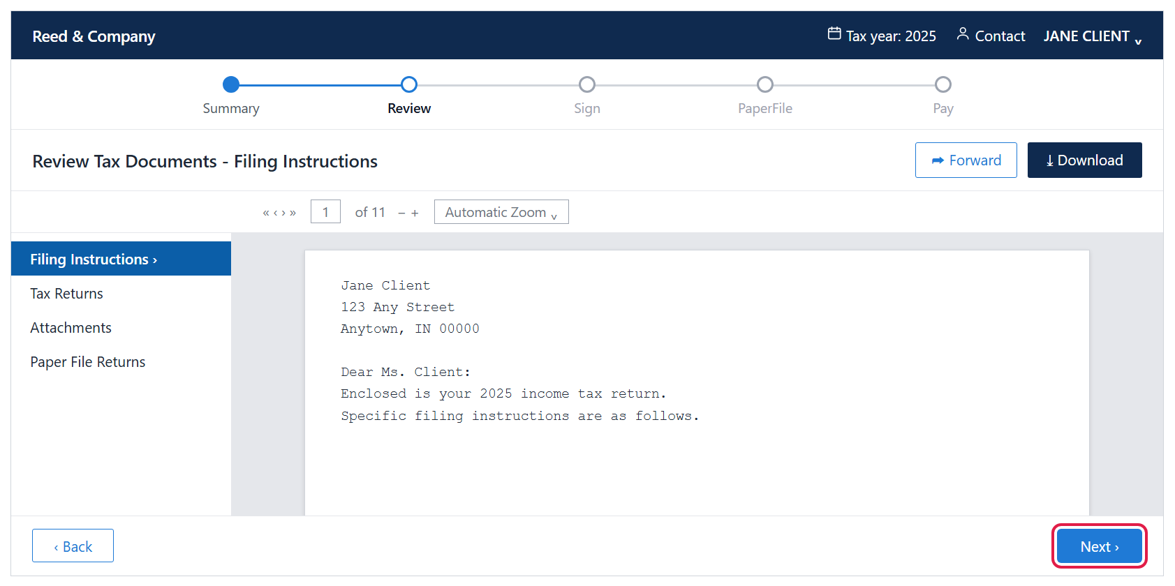 Review Tax Documents page with sections listed on the left, Forward and Download buttons at the top, and the Next button outlined in red