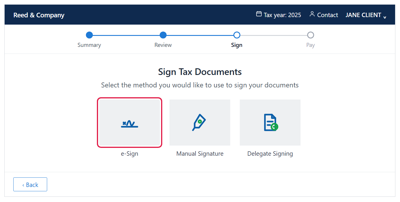 Sign Tax Documents page with e-Sign, Manual Signature and Delegate Signing options, e-Sign outlined in red
