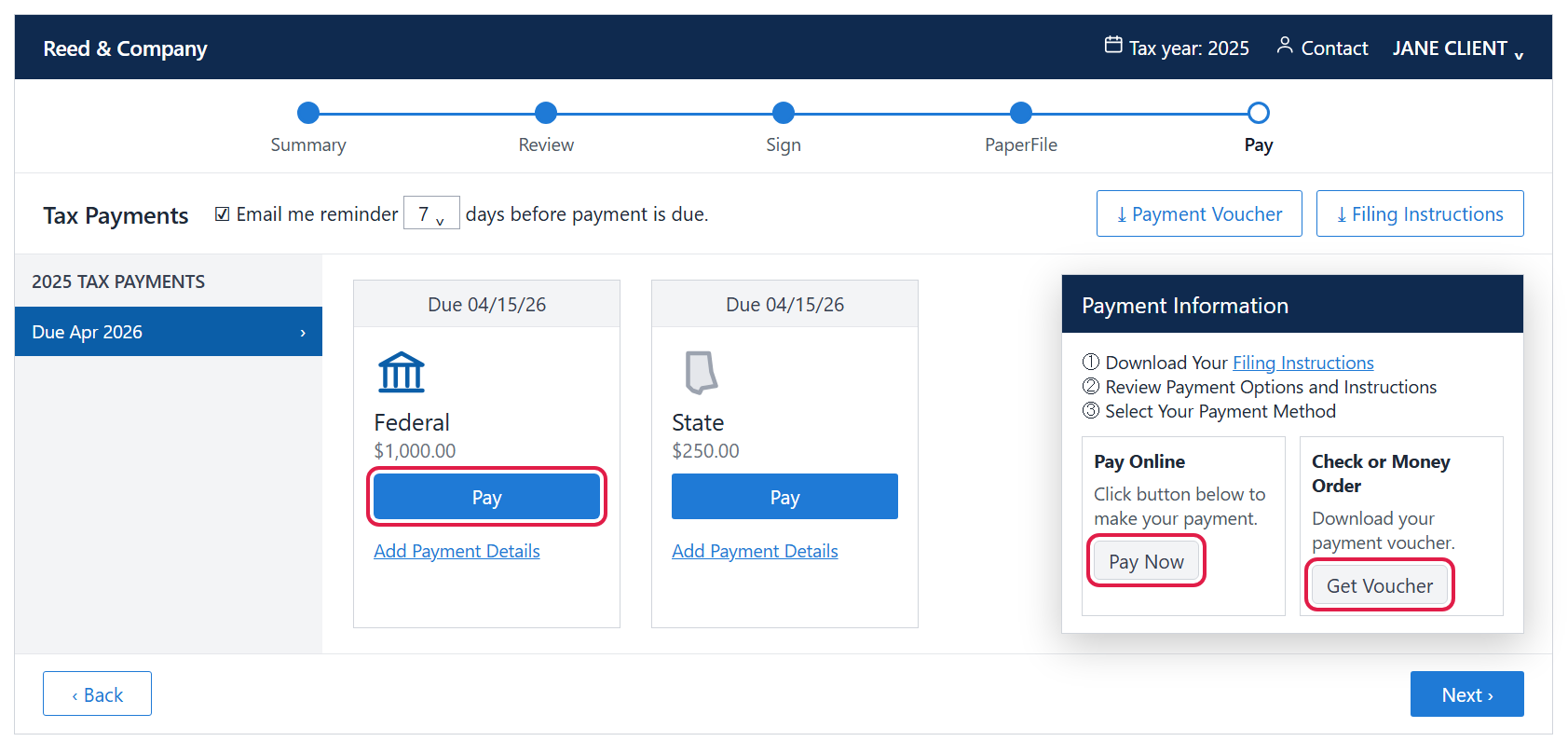Tax Payments page with payment cards and the Payment Information box; the Pay, Pay Now and Get Voucher buttons are outlined in red