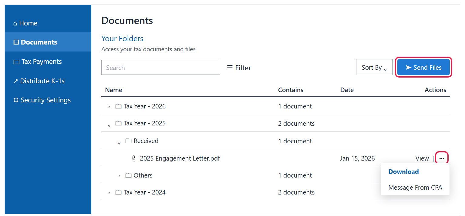 The Documents page with tax-year folders expanded, the Send Files button outlined in red and a file's three-dot menu open showing Download and Message From CPA