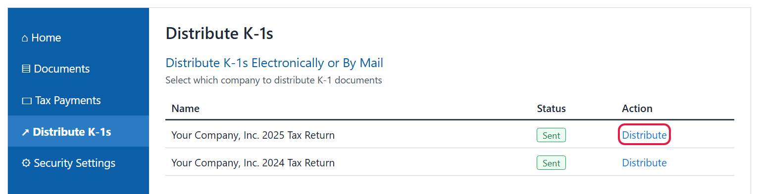 The Distribute K-1s page listing business returns with a Sent status and a Distribute link outlined in red