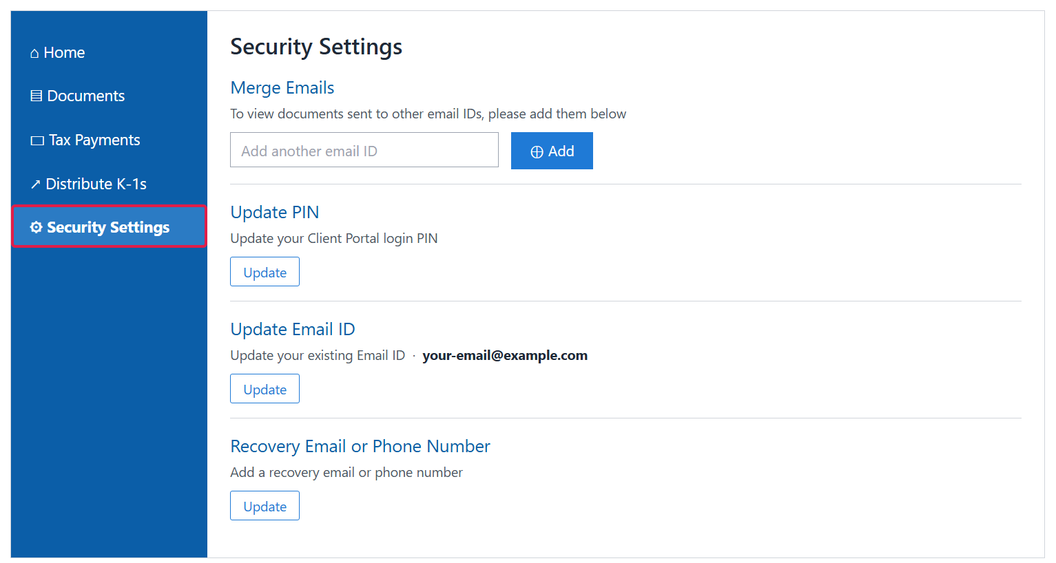 The Security Settings page with Merge Emails, Update PIN, Update Email ID and Recovery Email or Phone Number sections, and Security Settings outlined in red in the left menu