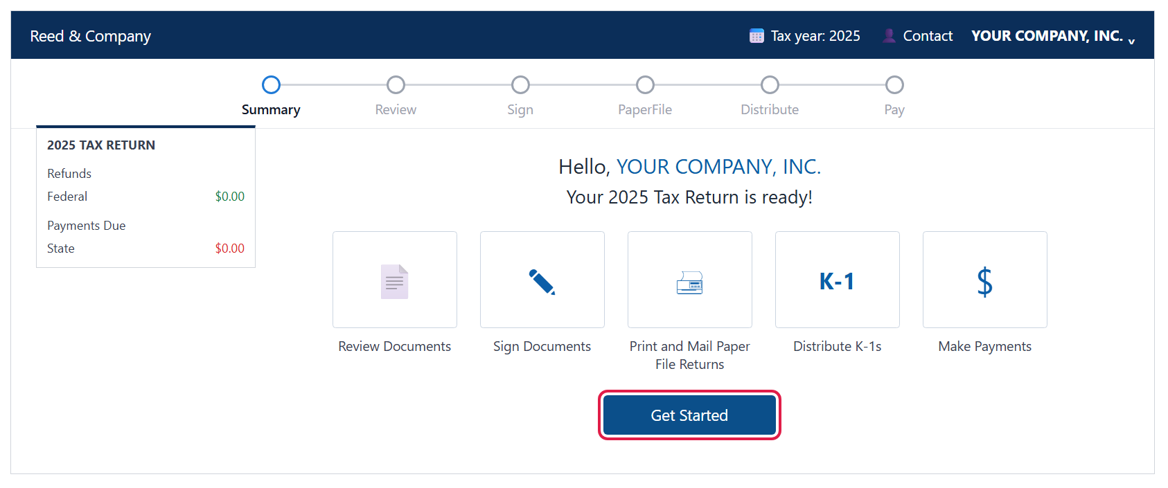 SafeSend summary page showing Review Documents, Sign Documents, Print and Mail Paper File Returns, Distribute K-1s and Make Payments, with the Get Started button circled