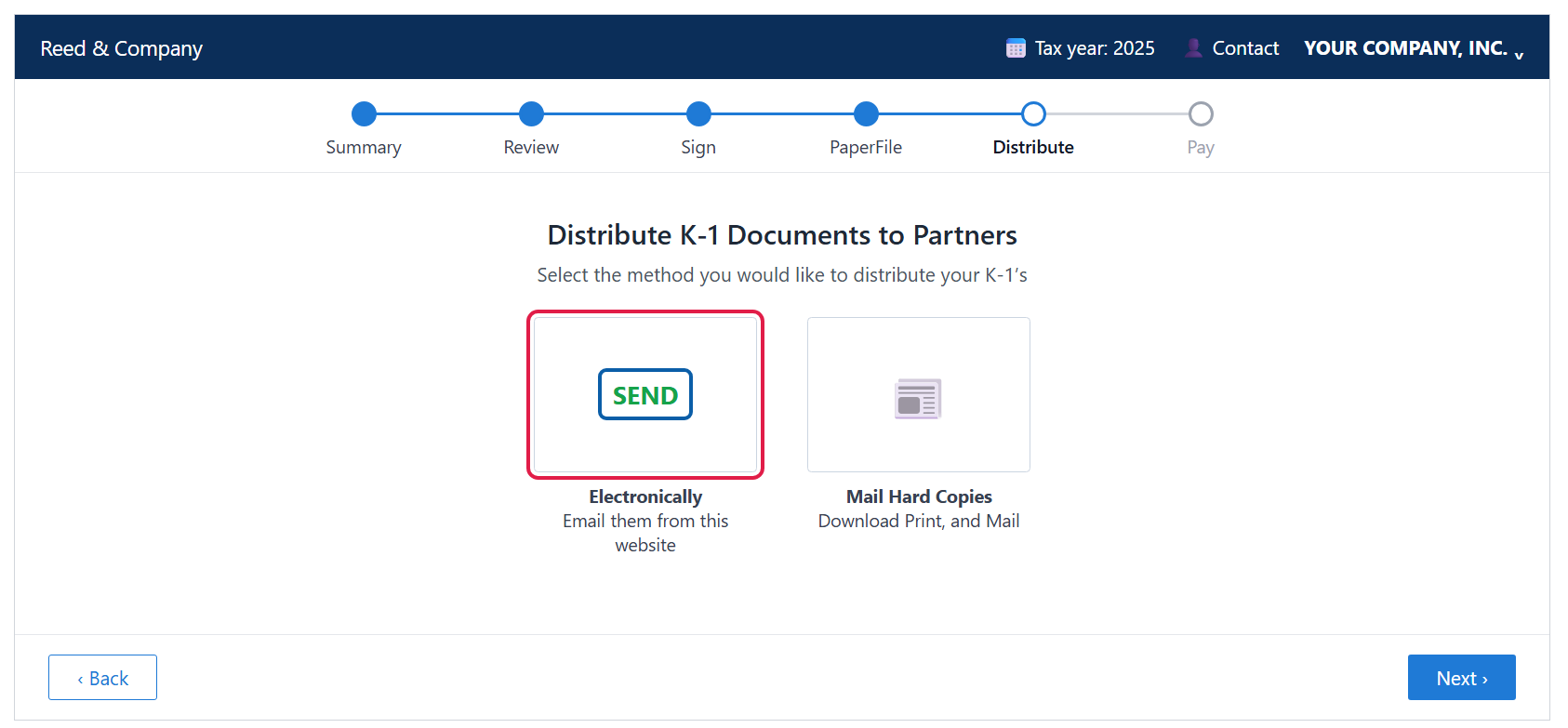 Distribute K-1 Documents to Partners screen with the Electronically option circled and Mail Hard Copies beside it