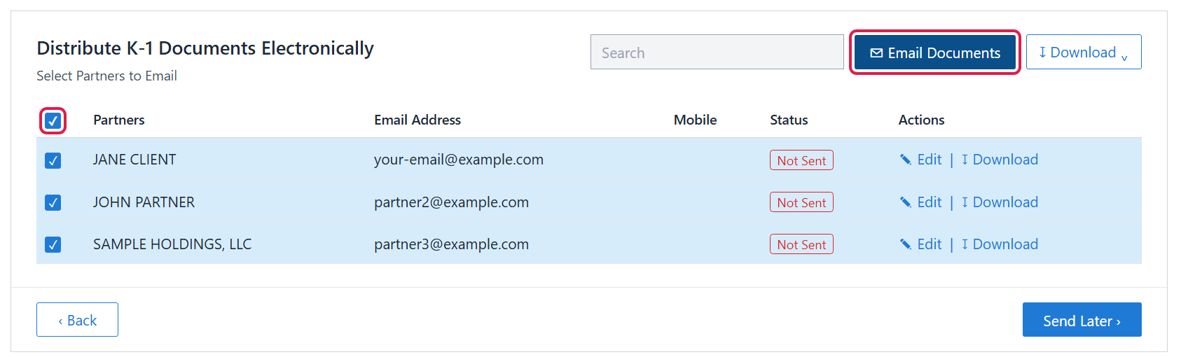 All partners selected with the select-all checkbox and the Email Documents button circled