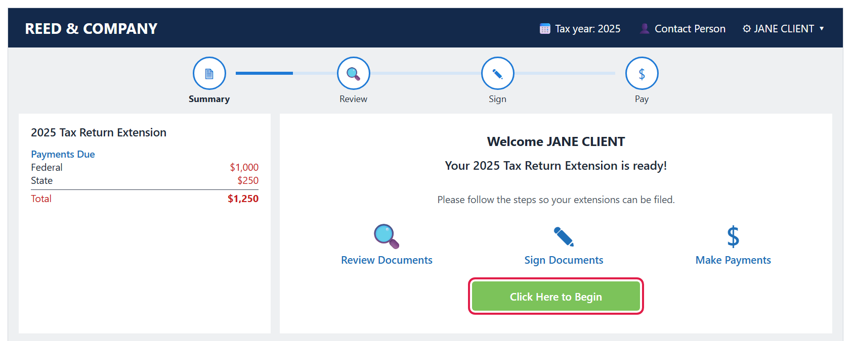 Extension welcome page with the Click Here to Begin button circled