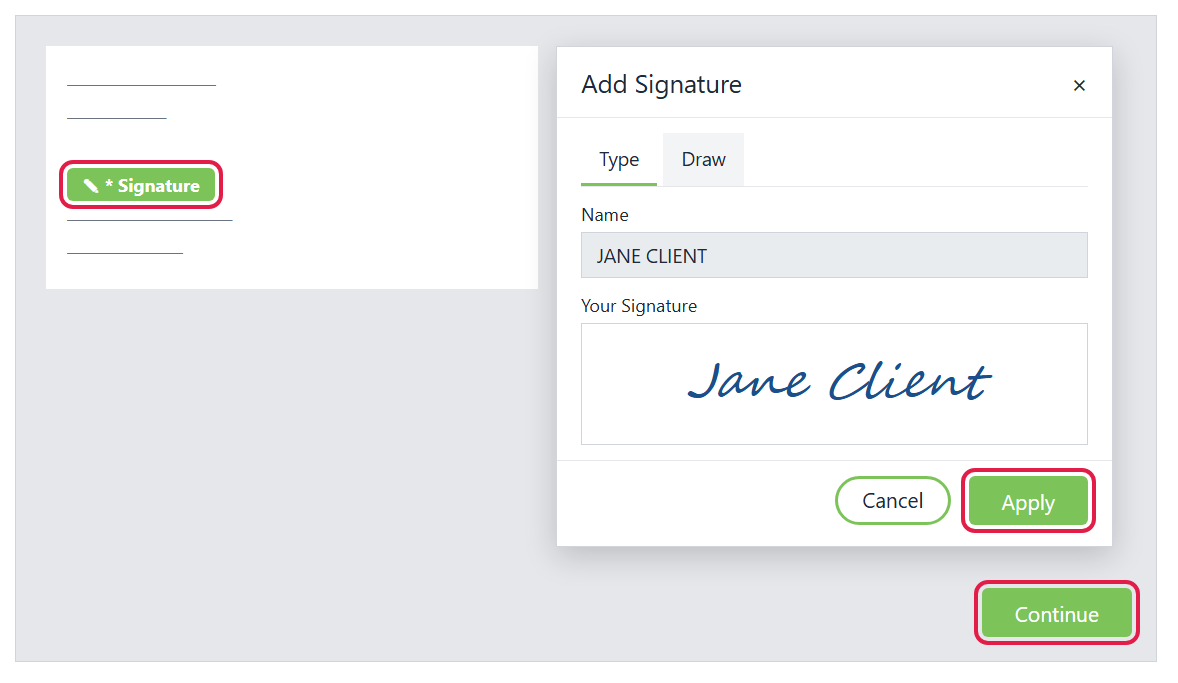 Add Signature window with the Signature block, Apply button and Continue button circled