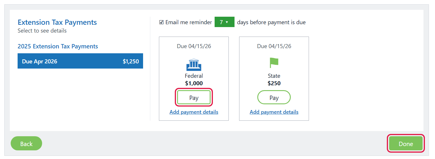 Extension Tax Payments page with the Pay button and Done button circled