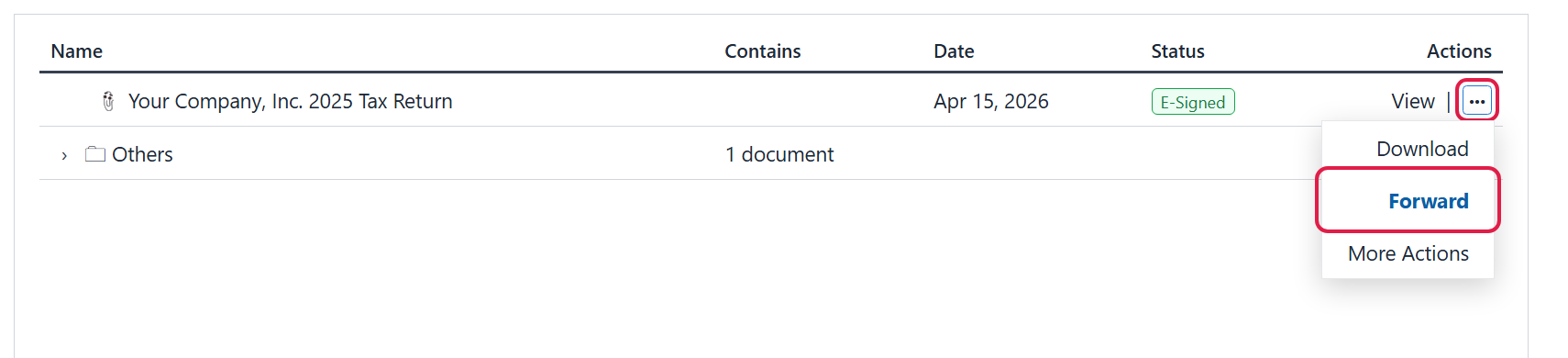 The three-dot actions menu next to a tax return, opened to show Download, Forward and More Actions, with Forward highlighted