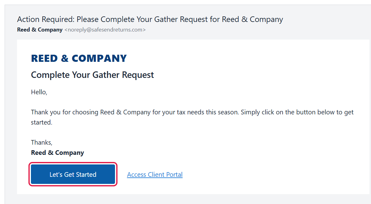 Gather request email with the Let's Get Started button circled