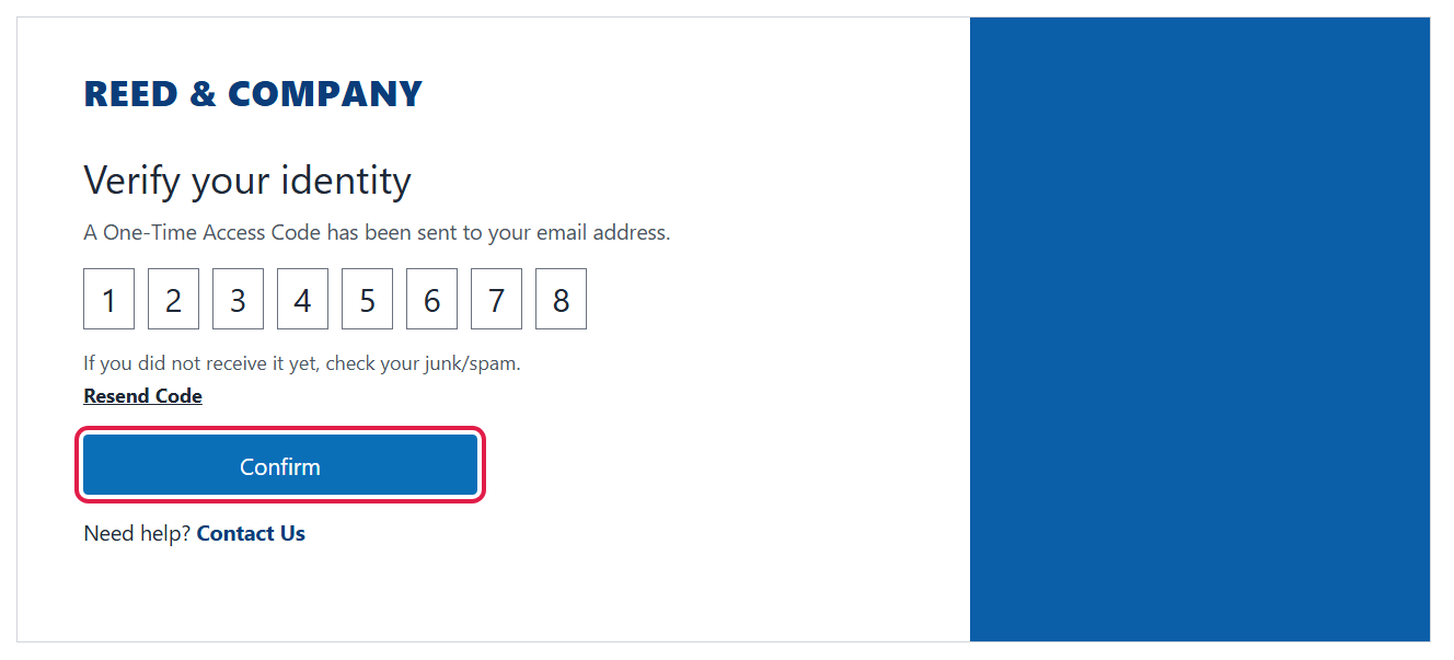 Verify your identity screen with the access code boxes and the Confirm button circled