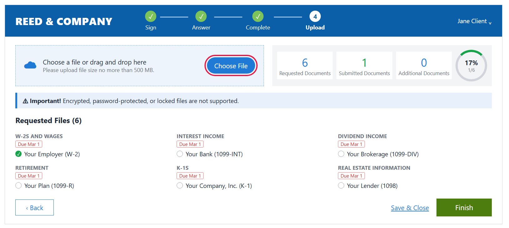 Upload page with the Choose File button circled, document counters, and the Requested Files list