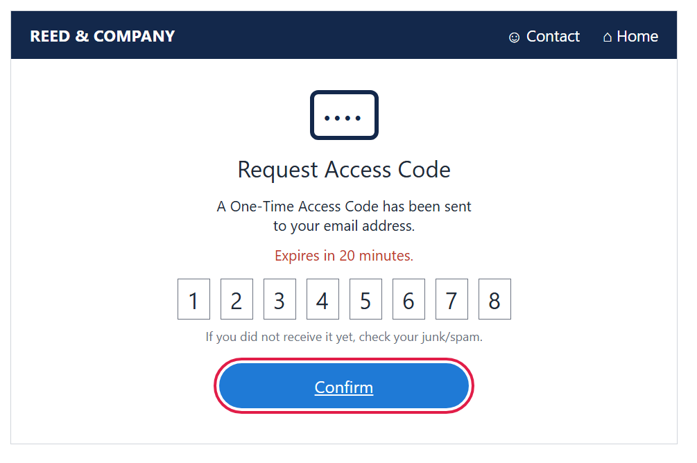 Request Access Code screen with eight code boxes and the Confirm button outlined