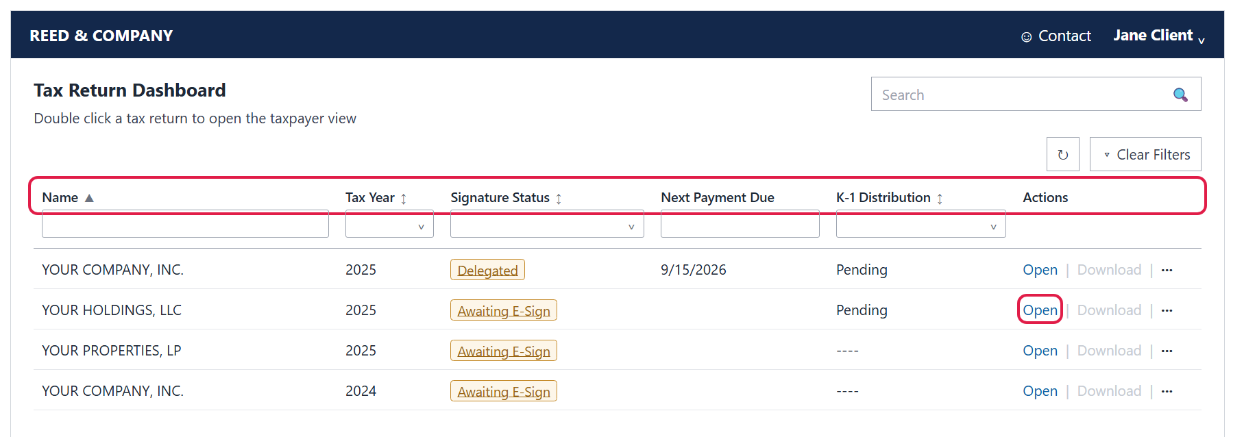 Tax Return Dashboard listing several business returns, with the column headers and one Open link outlined