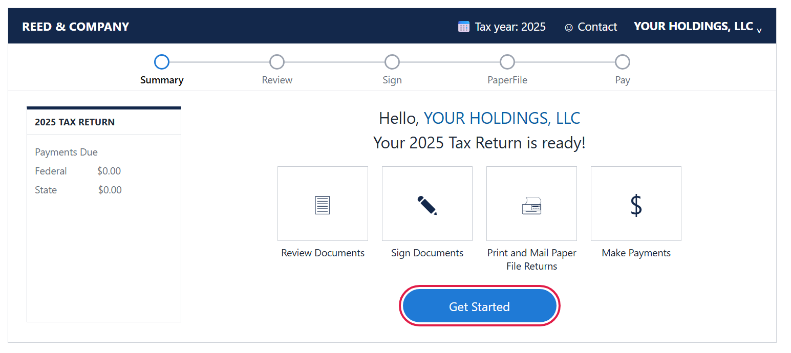 Return summary page for Your Holdings, LLC with the Get Started button outlined