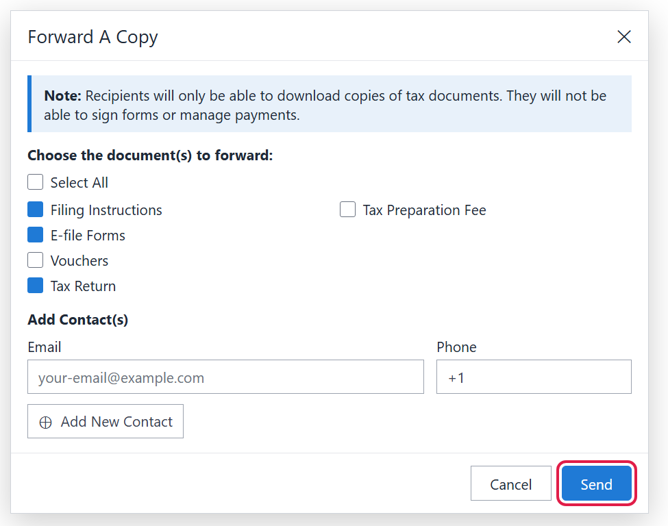 Forward A Copy window with document checkboxes, contact fields and the Send button outlined