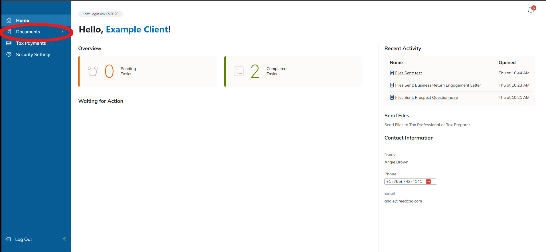 Client Portal home screen with the Documents link highlighted in the left menu