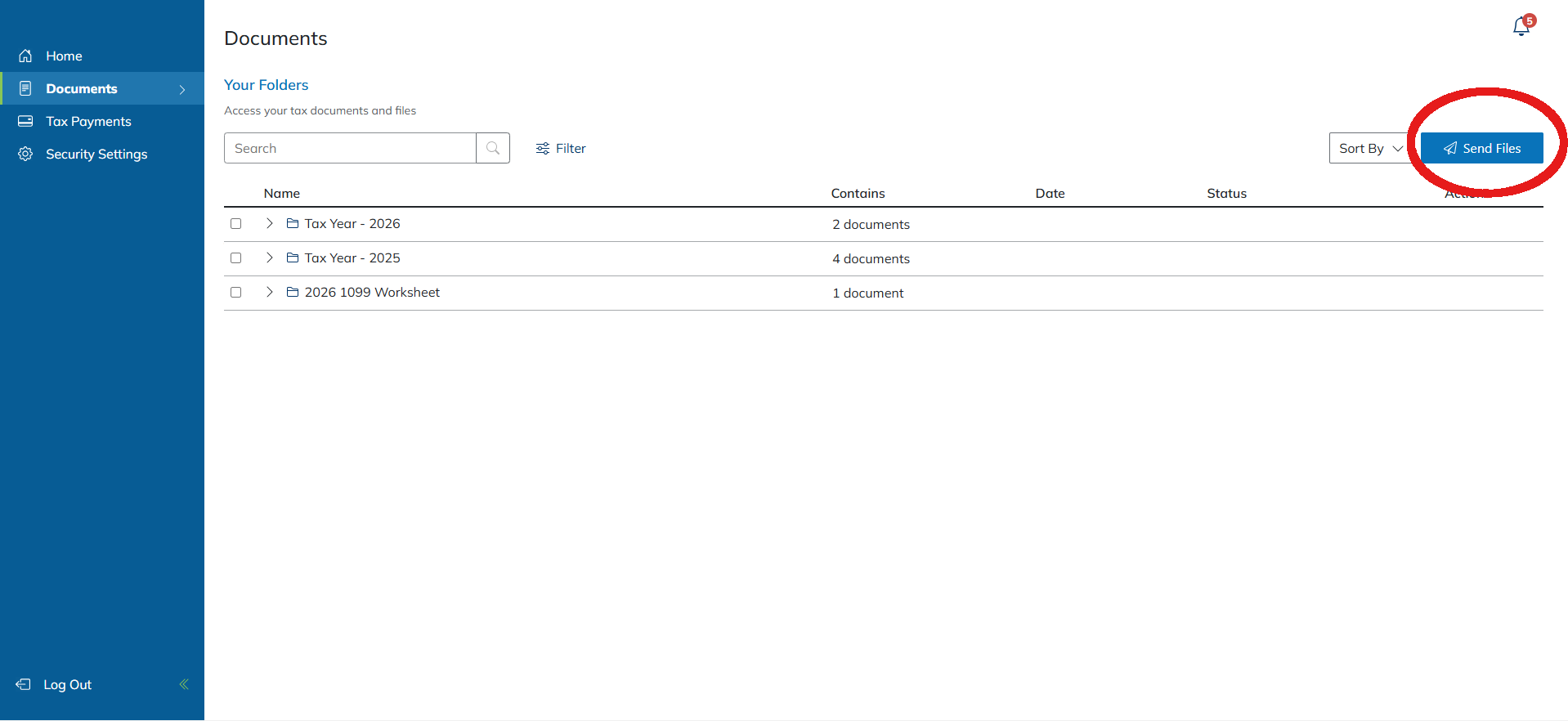 Documents page with the Send Files button highlighted in the top right
