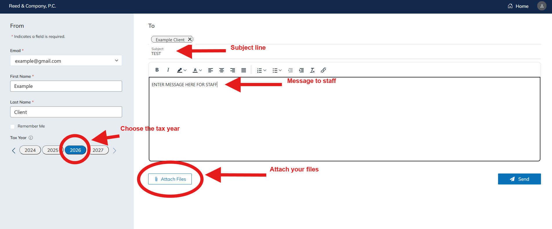 Send Files screen with the subject, message, tax year, and Attach Files button labeled