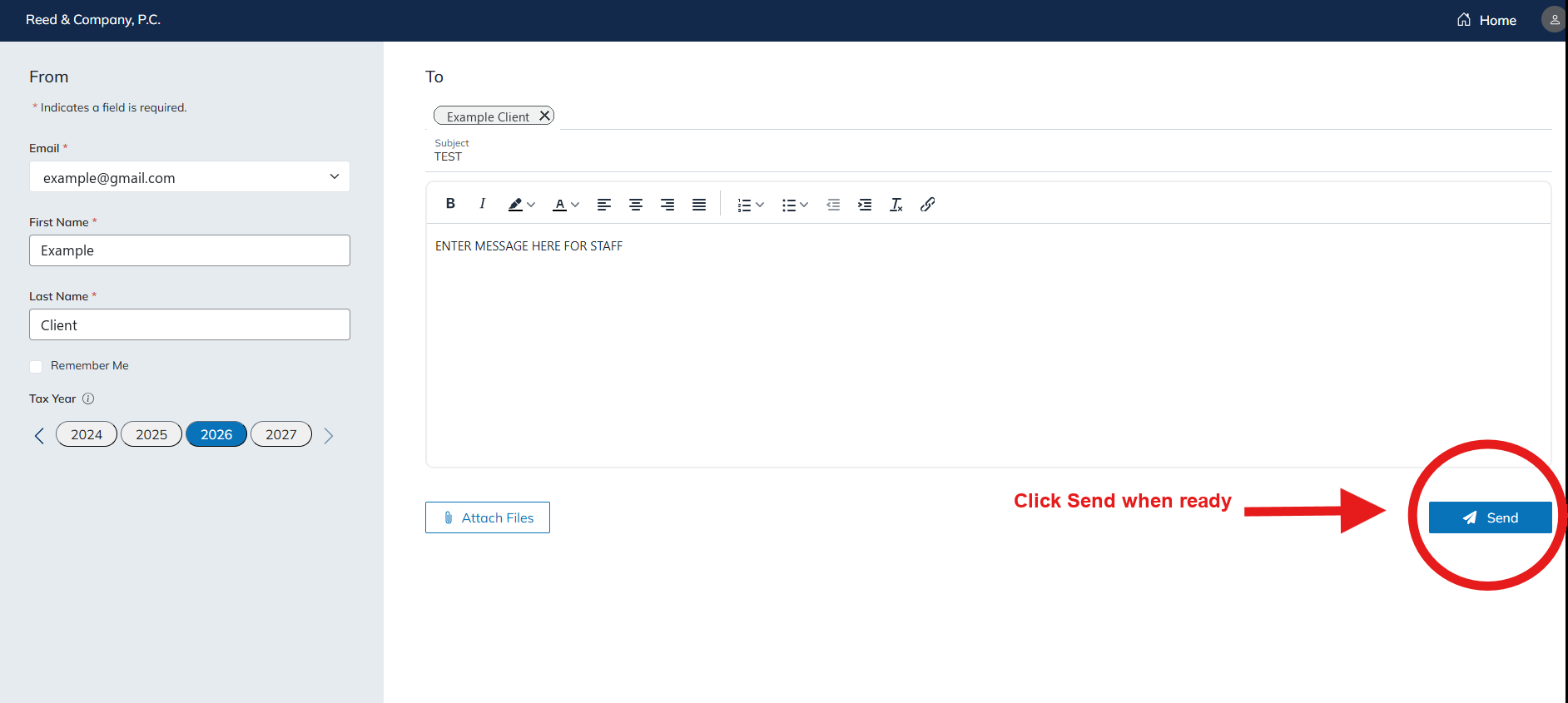 Send Files screen with the Send button highlighted