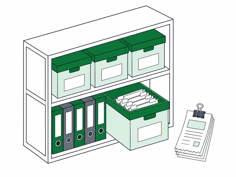 A shelf of labelled archive boxes and binders beside a clipped stack of receipts