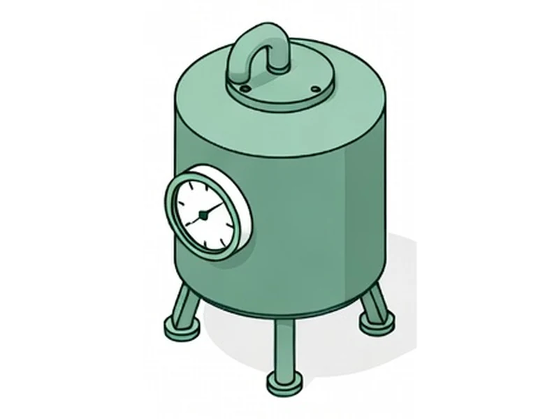 A tank on legs with an inflow pipe, an outflow pipe and a gauge