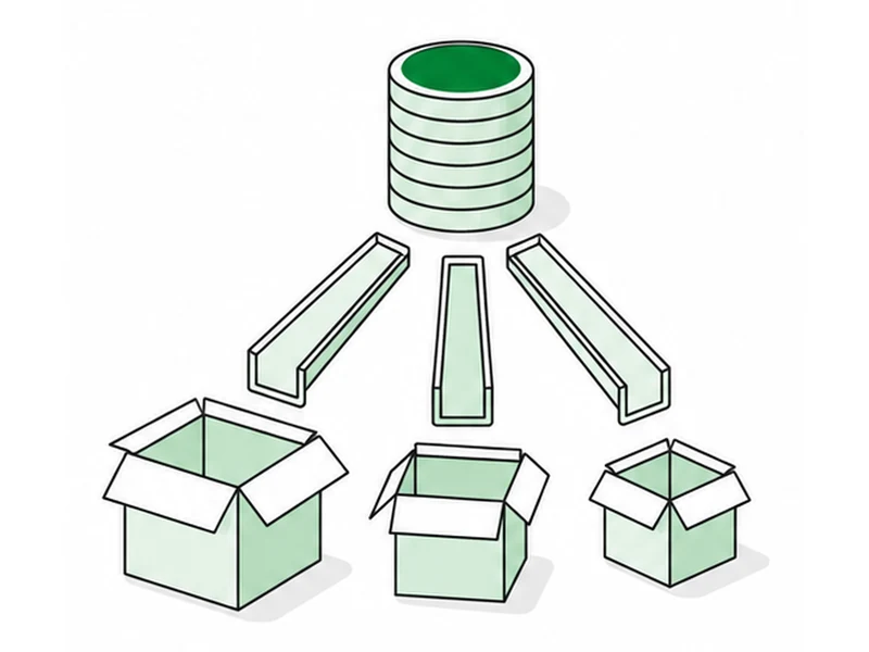 A stack of coins feeding three angled chutes into three open boxes