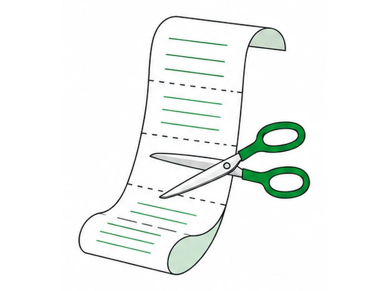 A long receipt with several lines snipped away and a pair of scissors