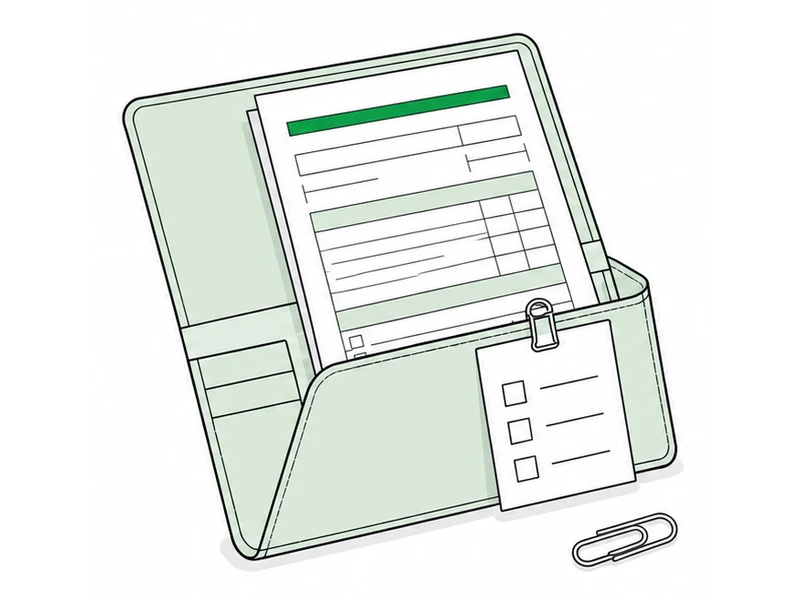 A tax return in an open document wallet with a checklist card and a paperclip