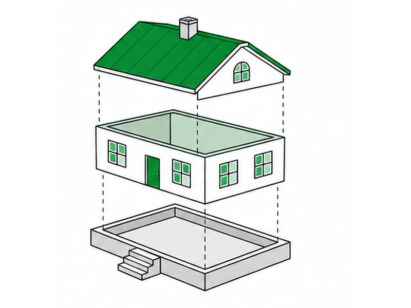A building drawn as an exploded diagram, its roof, floor and foundation separated into layers