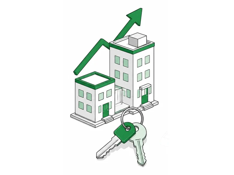 Two buildings side by side with a rising arrow behind them and a set of keys